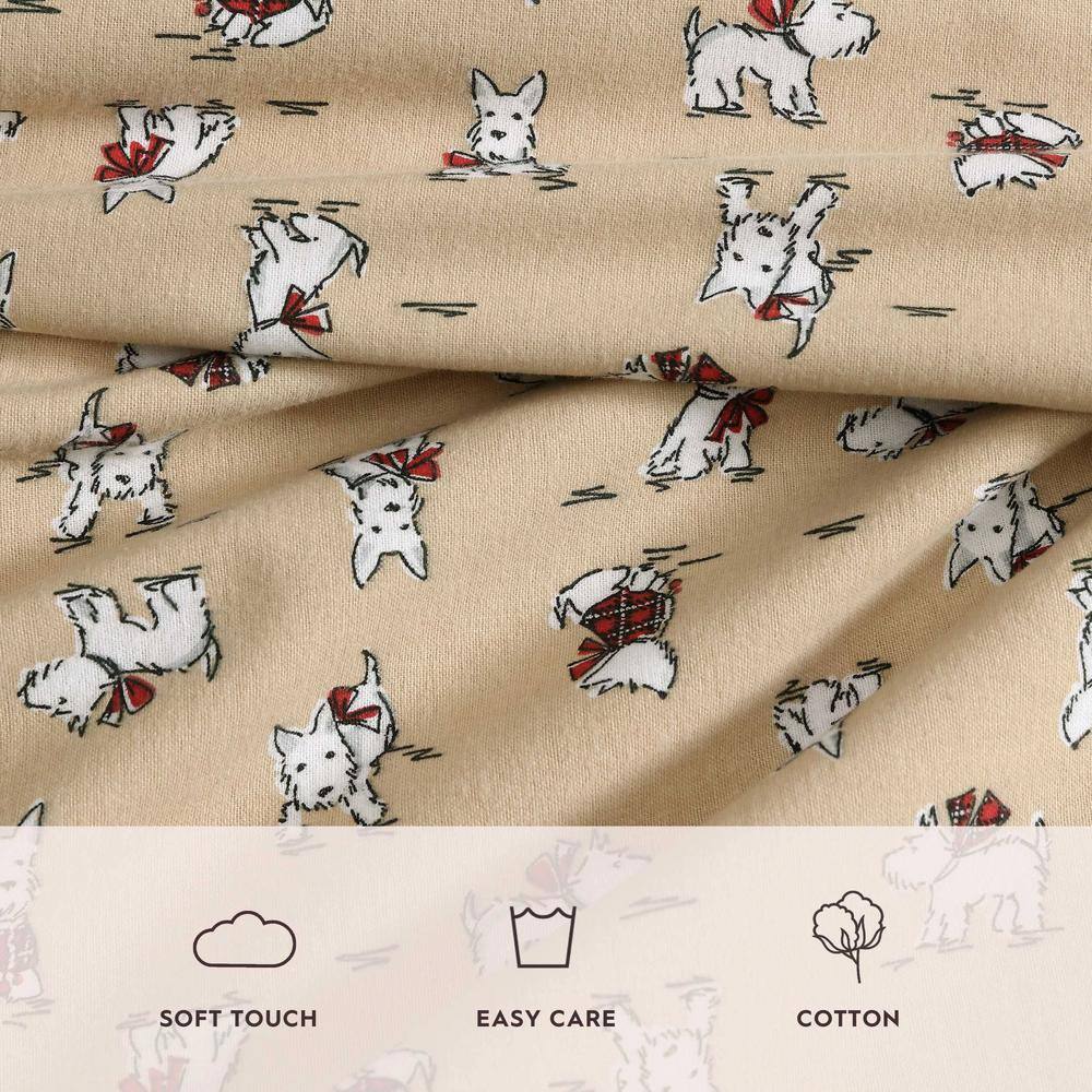 Holiday Scottie Beige Cotton Flannel Twin Bedding Set