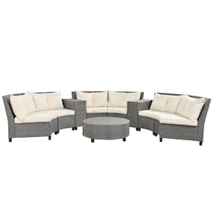 9 Pieces Gray Wicker Patio Conversation Set, 6 - Person Fan-shaped Rattan Suit Combination, with Beige Cushions