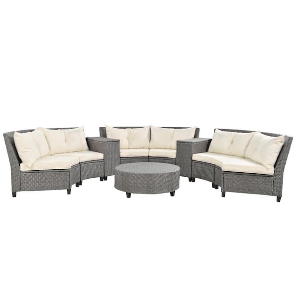 Unbranded 9 Pieces Gray Wicker Patio Conversation Set, 6 - Person Fan-shaped Rattan Suit Combination, with Beige Cushions