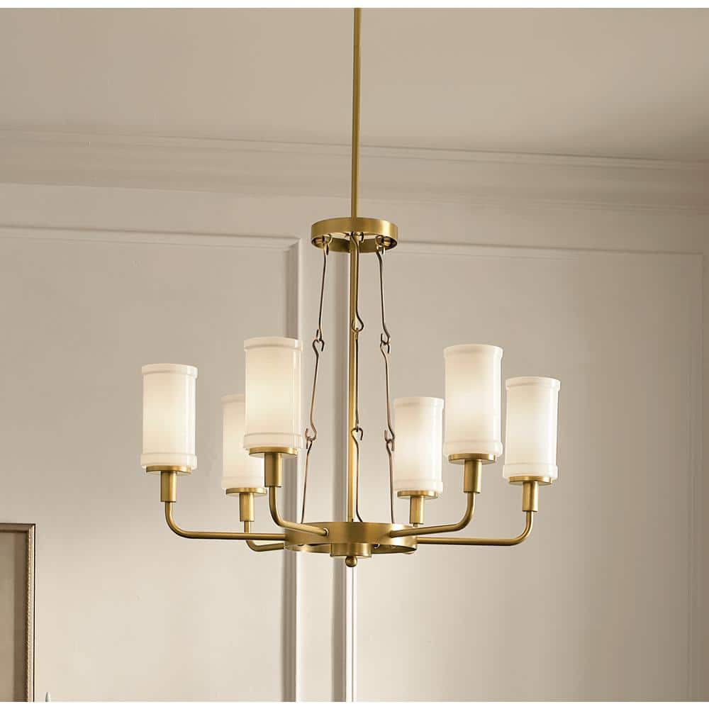 Vetivene Natural Brass 6-Light Chandelier with Opal Glass Shades