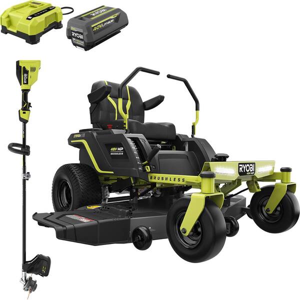 RYOBI 54 in. 48-Volt HP Brushless 115 Ah Battery Electric Riding Zero Turn  Mower with 40-Volt HP String Trimmer RY48140-2X - The Home Depot