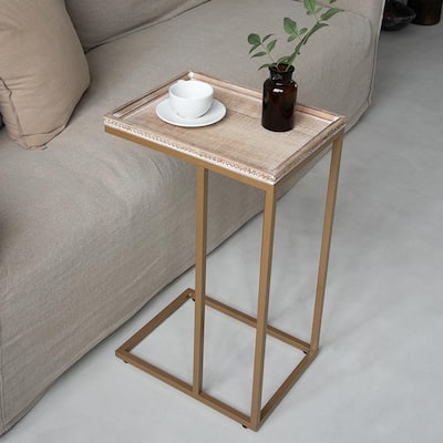 25.25'' Tall Tray Top C Wood Top End Table, Natural/Gold