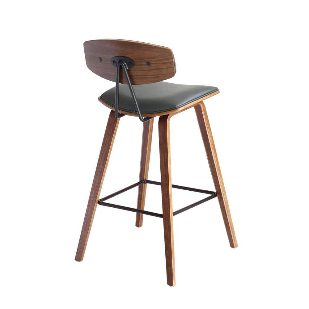 Gray Faux Leather and Walnut Wood Mid-Century Modern Bar Stool