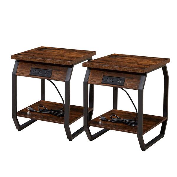 Industrial 17.3 in. Brown Square Wood End Table Nightstands Set of 2 ...