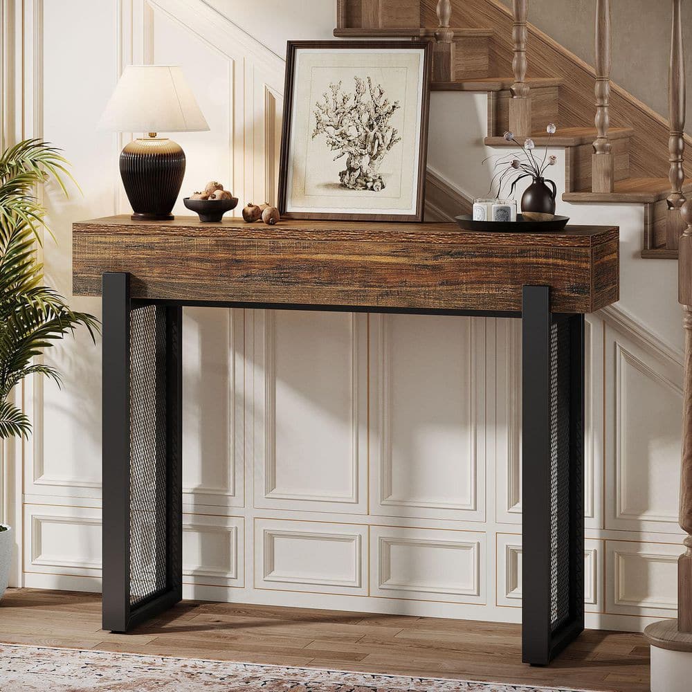 Turrella 41.34 in. Brown and Black Entryway Table, Industrial Rectangle Wood Console Table with Mesh Metal Legs price history on PriceWatchPro