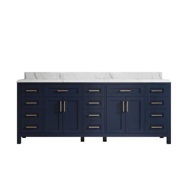 Willow Collections Cambridge 84 in. W x 22 in. D x 36 in. H Double Sink Bath Vanity in Navy Blue with Cove Edge Calacatta Quartz Top