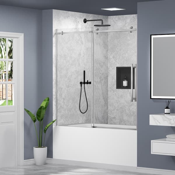 56 in. to 60 in. W x 58 in. H Single Reversible Sliding Frameless Tub Door in Brushed Nickel with Clear Tempered Glass