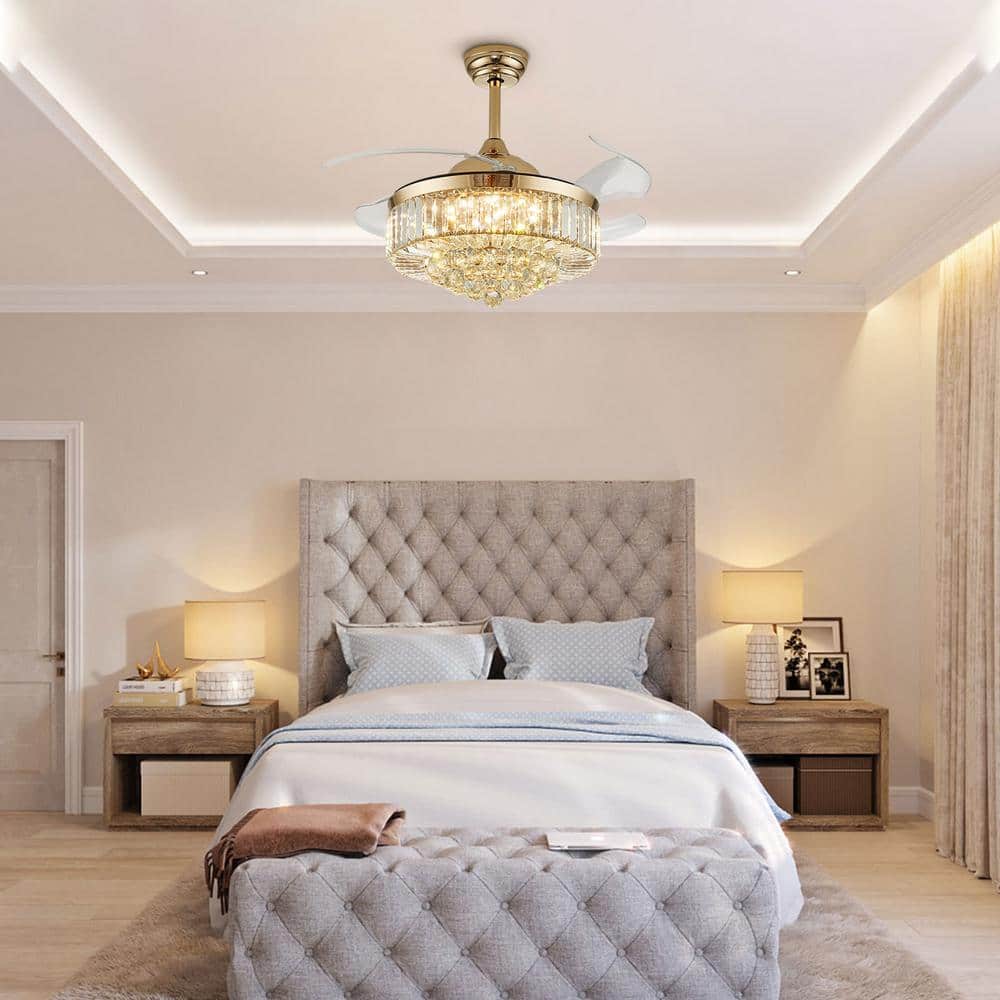 42-Inch Gold Crystal Retractable Ceiling Fan with LED Light and Remote