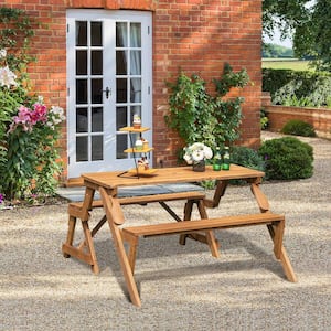 2-in-1 Transforming Interchangeable Wood Picnic Table Bench with Umbrella Hole
