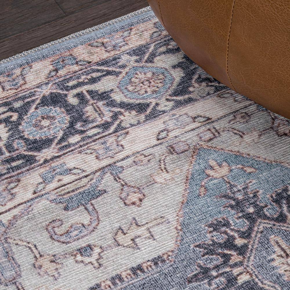 Maris Ornate Medallion Blue/Cream Chenille 4' x 6' Washable Area Rug