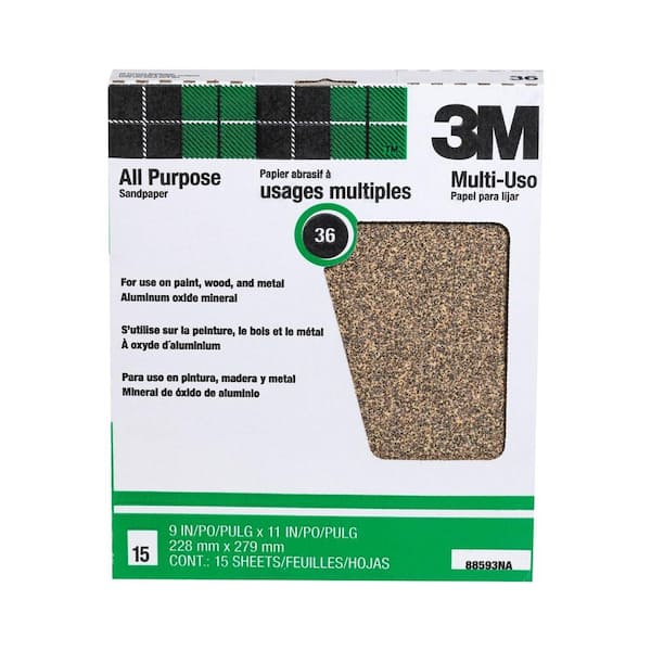 3M 9 in. x 11 in. 36 Grit Extra Coarse Aluminum Oxide Sandpaper (15-Pack)  88593NA-15 - The Home Depot