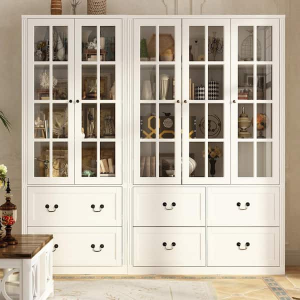 FUFU&GAGA White Wood Combination Cabinet Freestanding Display Cabinet With 5 Tempered Glass Doors and 6-Drawers