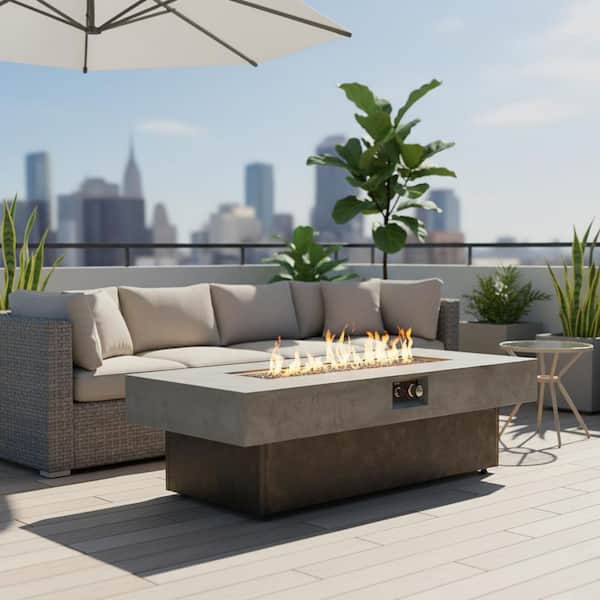 Davida 55 in. 50000 BTU Cement Grey Rectangle Iron Propane Outdoor Patio Fire Pit Table with Rain Cover