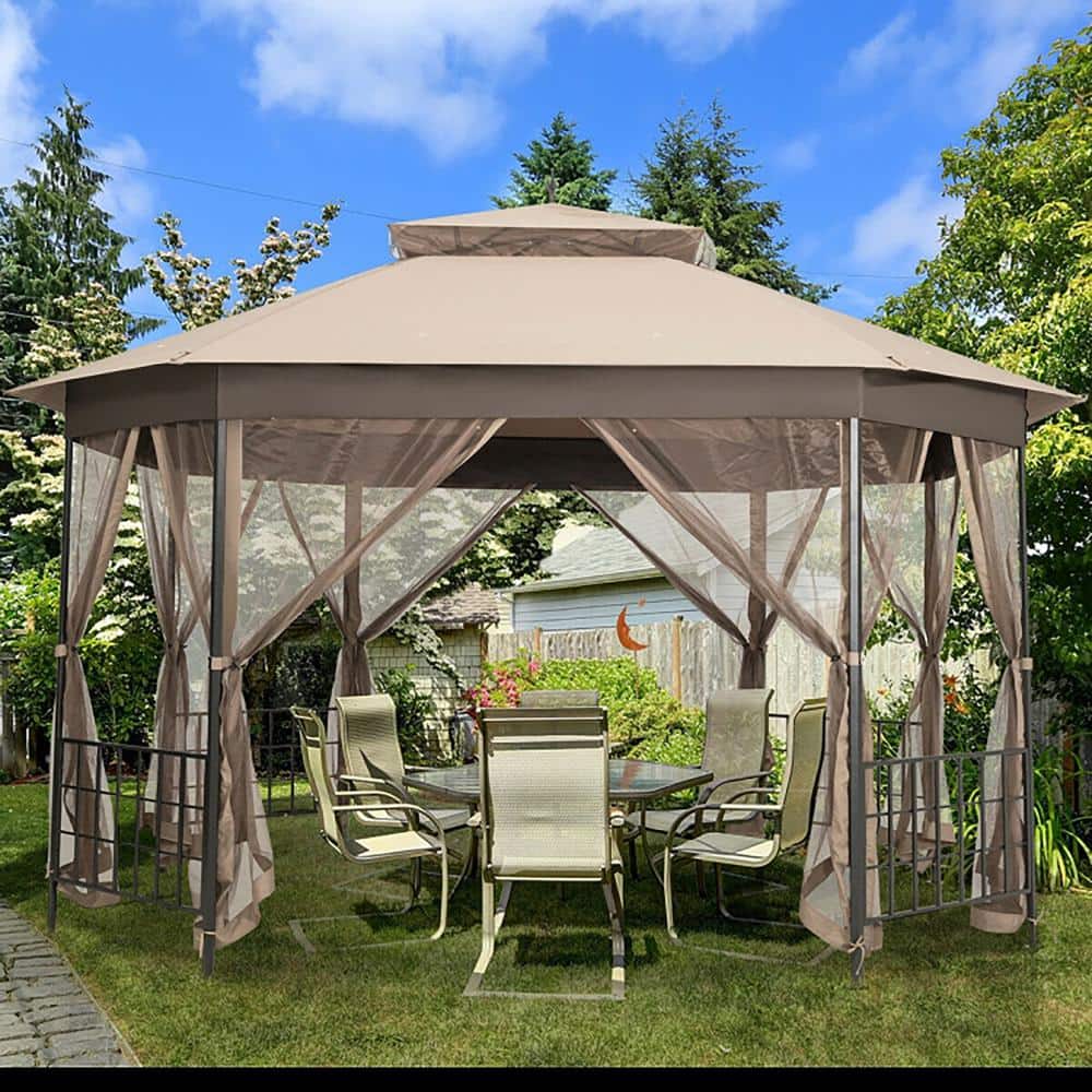 12-ft x 10-ft Beige Metal Polyester Octagonal Gazebo