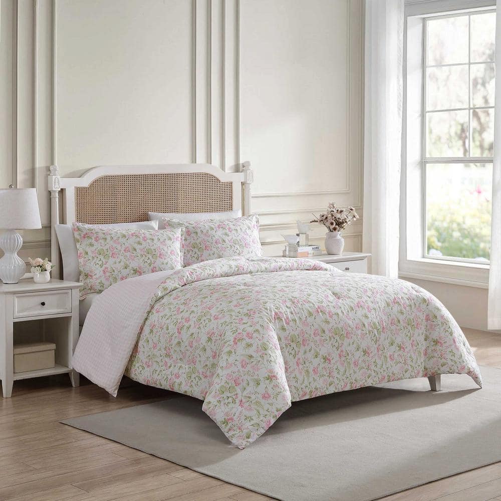 新品LAURA ASHLEY寝具3点セット 230x210(キング) Laura Ashley Morning Gloria 3-Piece Pretty Pink/Green 100% Cotton