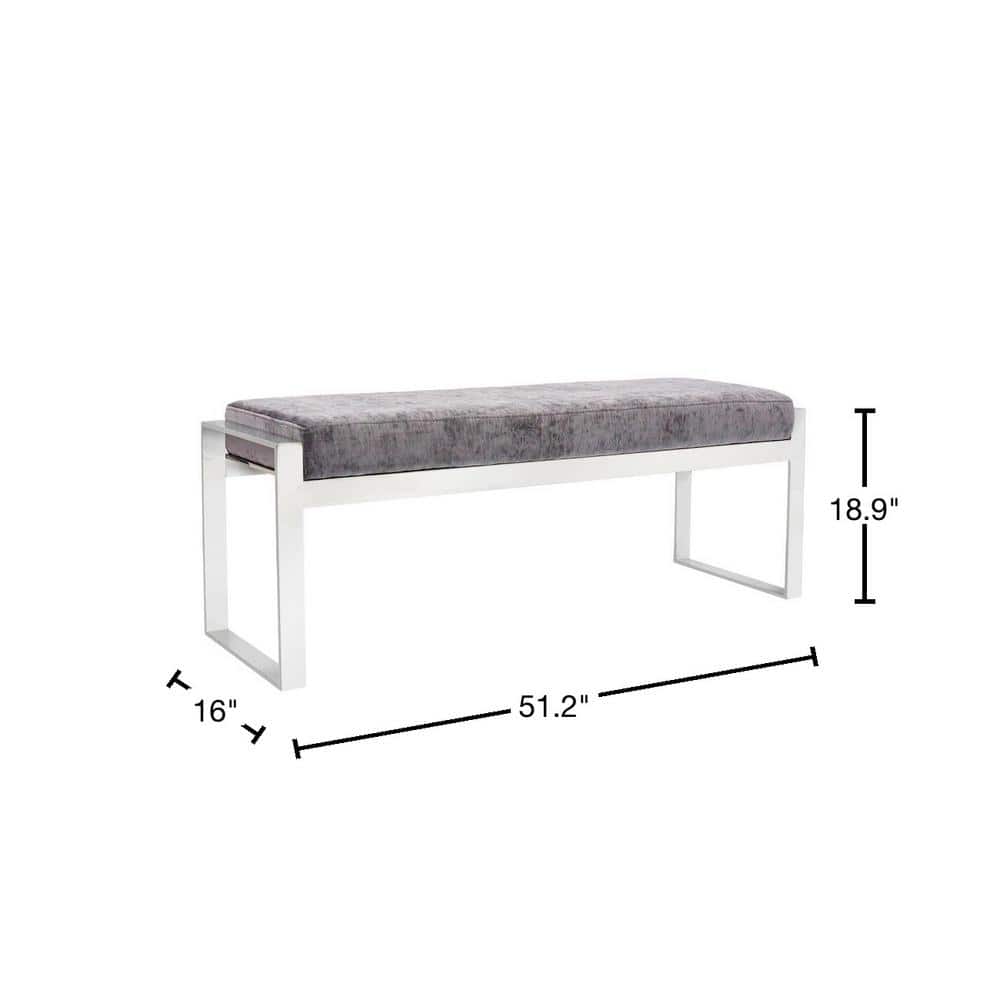 Gray Velvet Upholstered Bench with Stainless Steel Legs