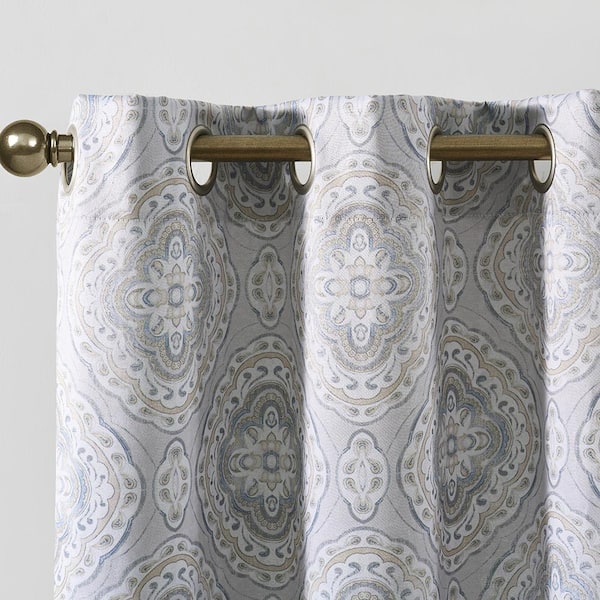 Camilia Blue 38 in. W x 84 in. L Rod Pocket Room Darkening Printed Curtain (Single Panel)
