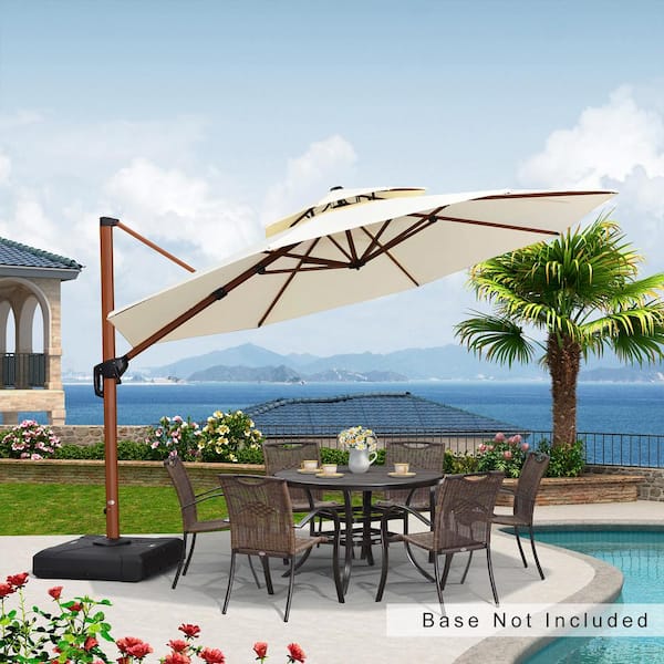 PURPLE LEAF 12 ft. Octagon All-aluminum 360° Rotation Wood pattern Cantilever Offset Outdoor Patio Umbrella in Cream
