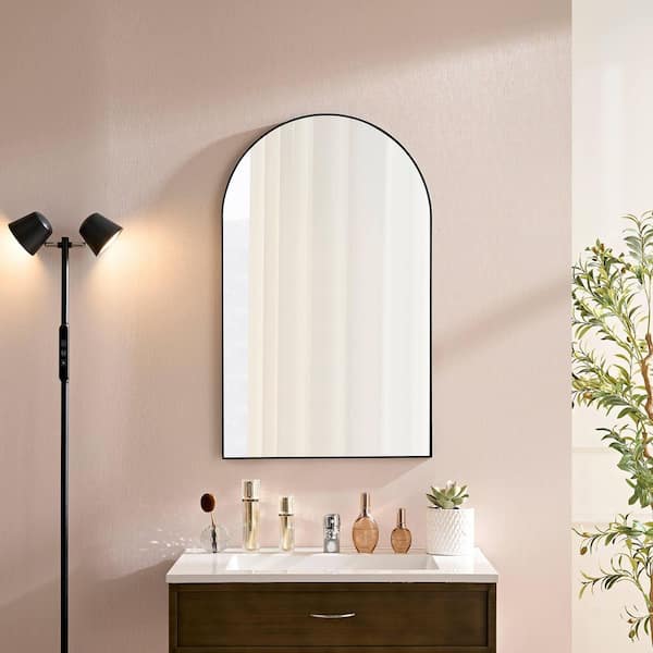 22 in. W x 36 in. Black Metal Arched Wall Mirror with Aluminum Frame for Bathroom Bedroom Living Room