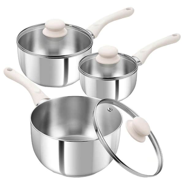 6 Piece Stainless Steel Saucepan Set with Bakelite Handles, Induction Compatible, Lids Included, Silver