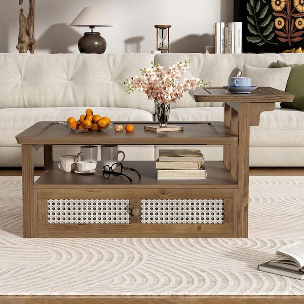 Yvonne Modern Boho 38.5 in. Dark Brown Rectangle MDF Wood Coffee Table with Storage Shelf, 2-Tabletops, Rattan Drawer