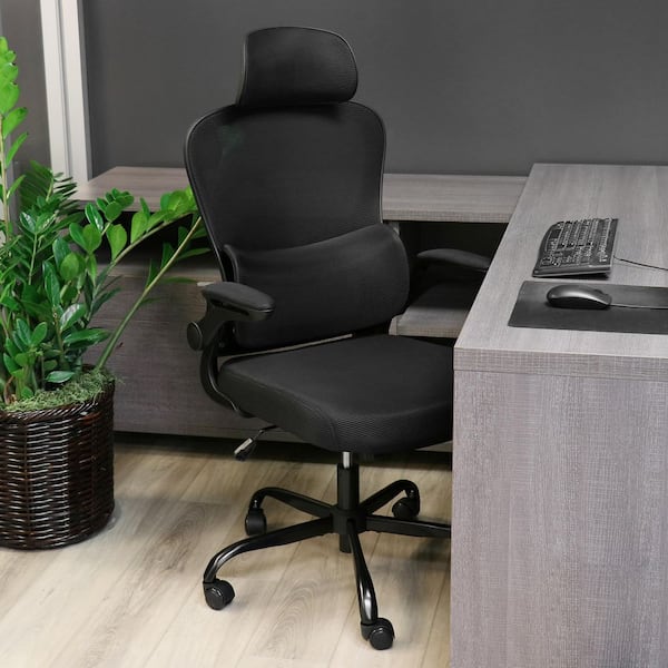 Mesh and Fabric High Back Adjustable Office Chair in Black on Black with Metal Base and Adjustable Head Rest
