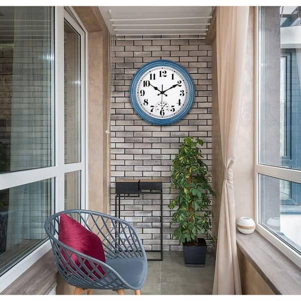 12 in. Blue Round Retro Wall Clock with Thermometer (Battery