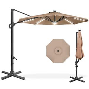 10 ft. 360-Degree Solar LED Cantilever Patio Umbrella, Outdoor Hanging Shade with Lights in Tan