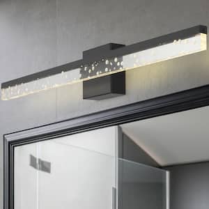 Ingres 30 in. 1-Light Modern Contemporary 360-Degree Rotatable Seeded Acrylic Integrated LED Vanity Light, Black/Clear