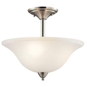 Nicholson 16 in. 3-Light Brushed Nickel Hallway Transitional Semi-Flush Mount Ceiling Light with Satin Etched Glass