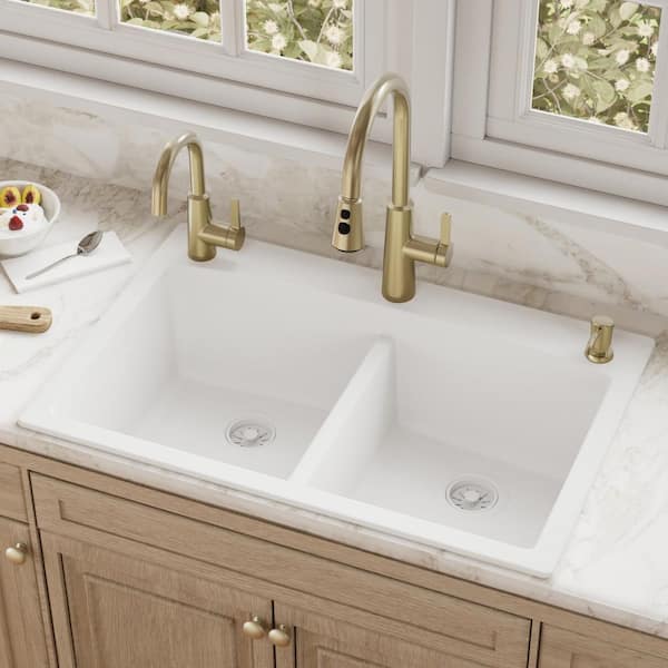 Quartz Granite Composite 33 in. Drop-in Top Mount 50/50 Double Bowl Kitchen Sink in White
