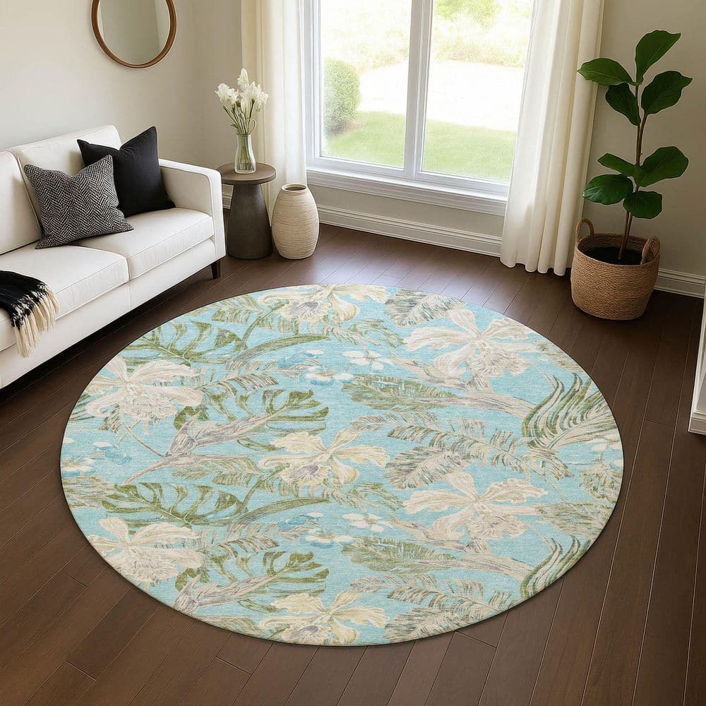 Mayfield Premium Machine Washable Abstract AMF1708 Teal 8 ft. x 8 ft. Round Rug price history on PriceWatchPro