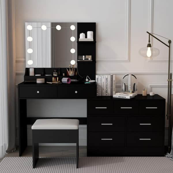 Karl home 2-Piece Black Makeup Vanity Set with Combination Cabinet