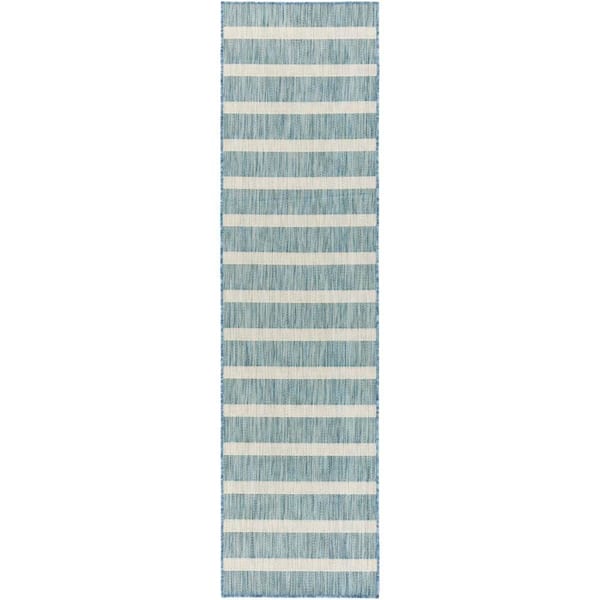 Positano Aqua Ivory 2 ft. x 10 ft. Stripes Contemporary Runner Area Rug