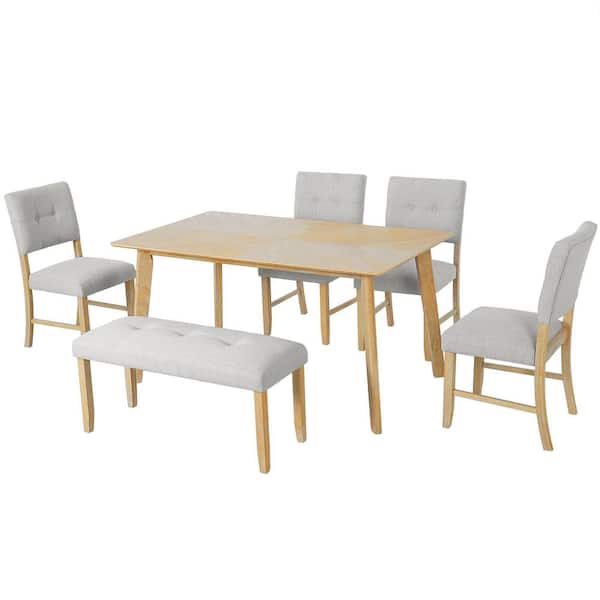 6-Piece Rectangular Natural Wood Wash Wood Top Dining Table Set Seats 5 with 4 Upholstered Chairs and Bench