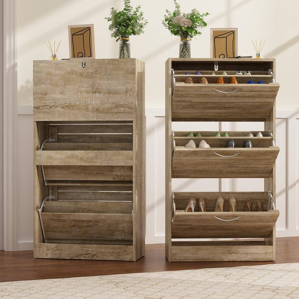 Brown Wood Grain 3-Tier Shoe Storage Rack with Metal Handles