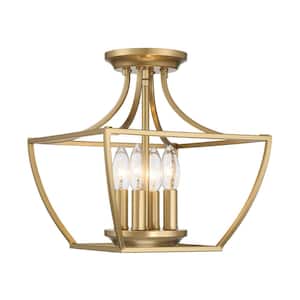 Wethersfield 11 in. 4-Light Vintage Gold Square Cage Semi-Flush Mount Ceiling Light