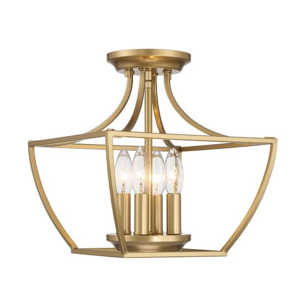 Wethersfield 11 in. 4-Light Vintage Gold Square Cage Semi-Flush Mount Ceiling Light