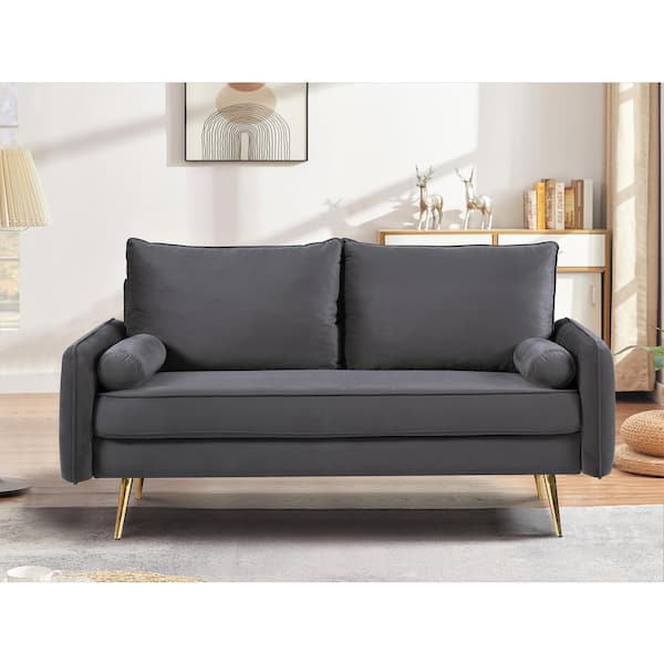 Velvet Loveseats Sofa with 2 Pillows, 58 Sofa Couch with Metal Legs and  Side Storage Pockets, Comfortable Upholstered Living Room Sofa for Small