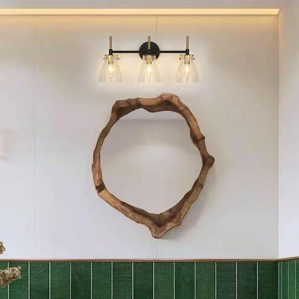 Nimbus 21.7 in. W 3-Light Matte Black Bathroom Vanity Light Modern Wall Light with Bell Cracked Glass for Bedroom
