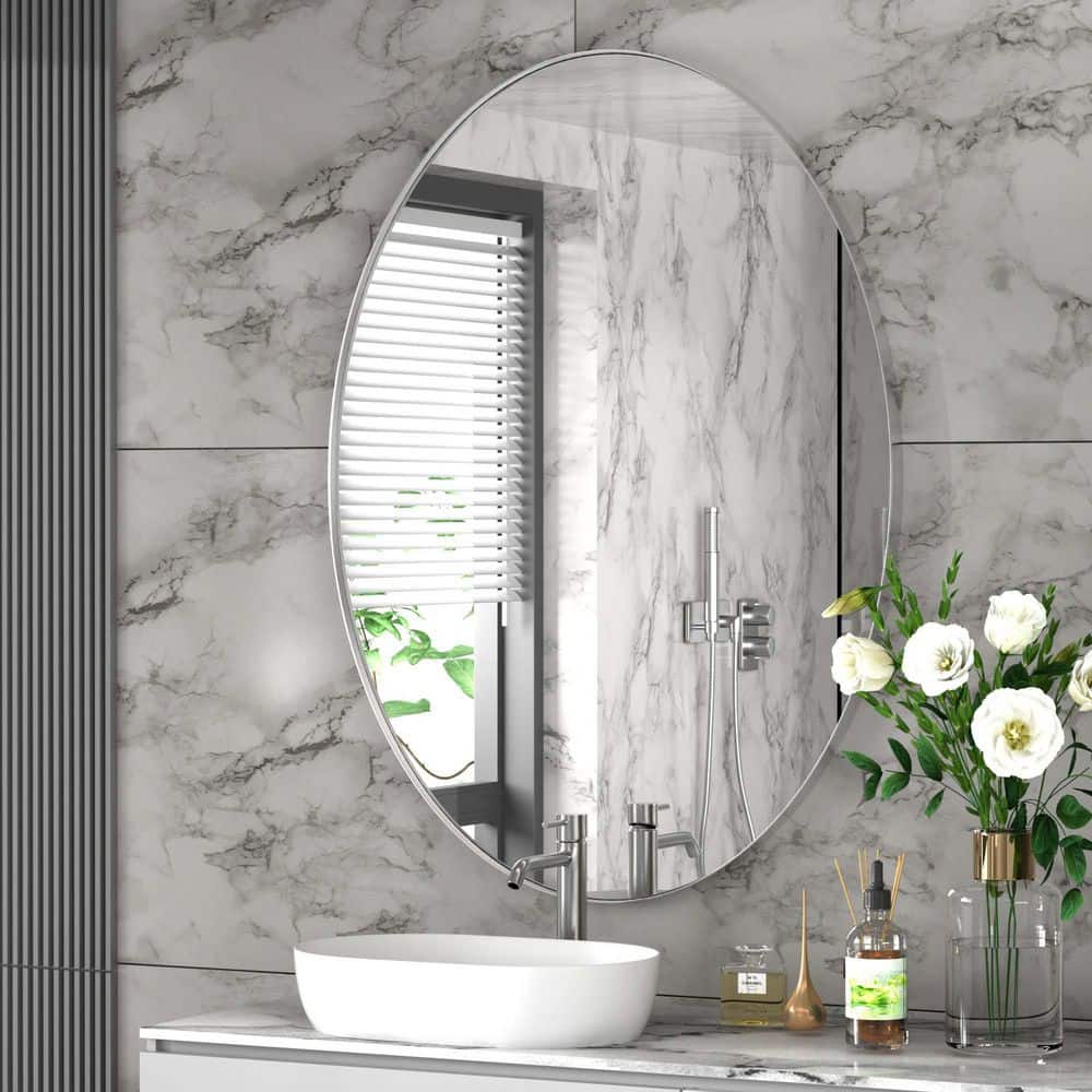 22 in. W x 30 in. H Large Oval Mirror Stainless Steel Frame Mirror Wall Mirrors Bathroom Vanity Mirror in Brushed Silver price history on PriceWatchPro