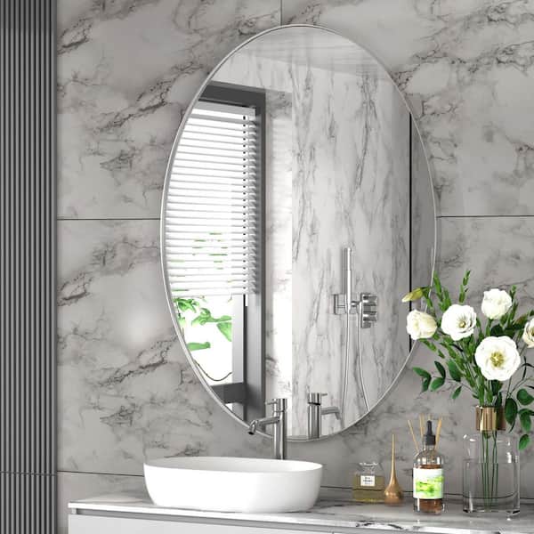 22 in. W x 30 in. H Large Oval Mirror Stainless Steel Frame Mirror Wall Mirrors Bathroom Vanity Mirror in Brushed Silver