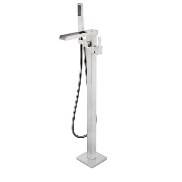 Lexora Cascata Single Handle Freestanding Floor Mount Tub Faucet Bathtub Filler with Hand Shower in Brushed Nickel