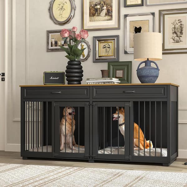 FUFU GAGA Black Wood 64.6 in. W Accent Storage Cabinet with 2 Drawer Dog Crates Cage Furniture for Small Medium Dog KF150161 02 The Home Depot