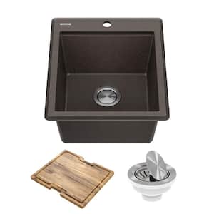 Bellucci Metallic Brown Granite Composite 18 in. 1-Hole Drop-in Workstation Bar Sink with Accessories