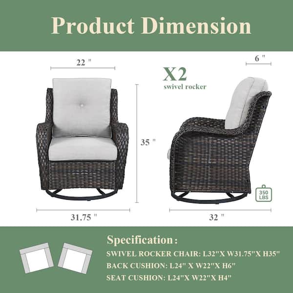 4-Piece Set Outdoor Swivel Brown Wicker Outdoor Rocking Chair with CushionGuard Beige Cushions