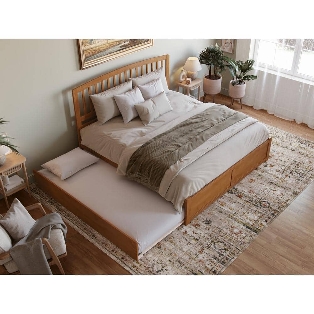 Light Toffee King Wood Platform Bed with Slats and Headboard
