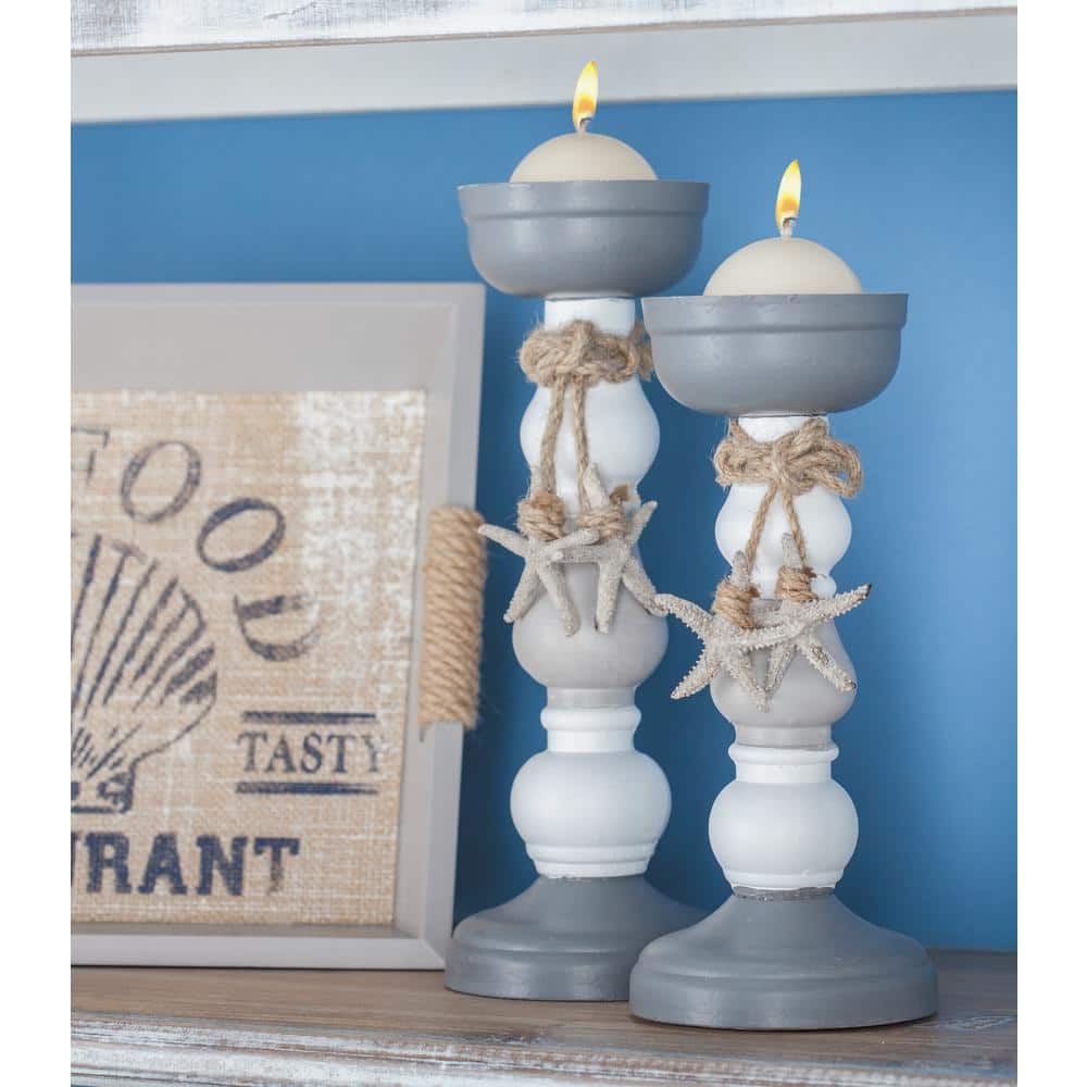 Gray and White Wooden Nautical Candle Holders with Starfish Embellishment, Set of 2