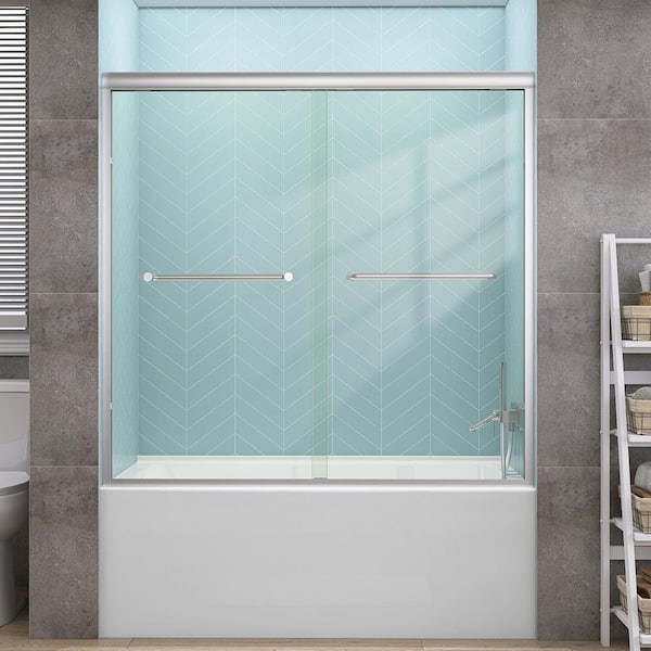 56 to 60 in. W x 58 in. H Sliding Framed Tub Door Alcove Bathtub Shower Door in Brushed Nickel with 1/4 in. Clear Glass