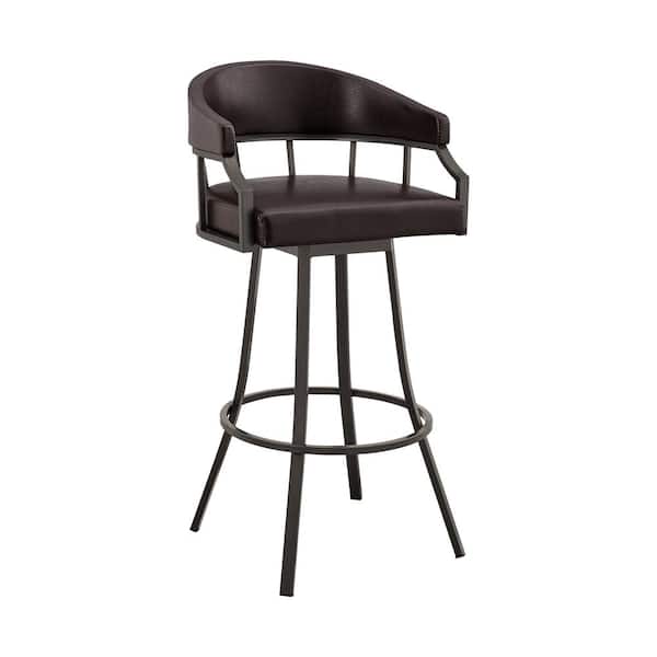 Armen Living Palmdale 40 in. Brown Low Back Java Brown Metal 30 in. Swivel Bar Stool with Faux Leather Seat